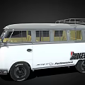 Classic White and Silver Volkswagen Vintage Van With Roof Rack And Garage Logo