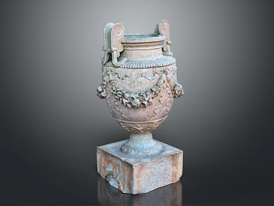 Ancient Stone Ornamental Urn With Intricate Decorative Carvings And Square Pedestal 3d model