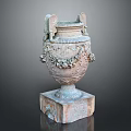 Ancient Stone Ornamental Urn With Intricate Decorative Carvings And Square Pedestal