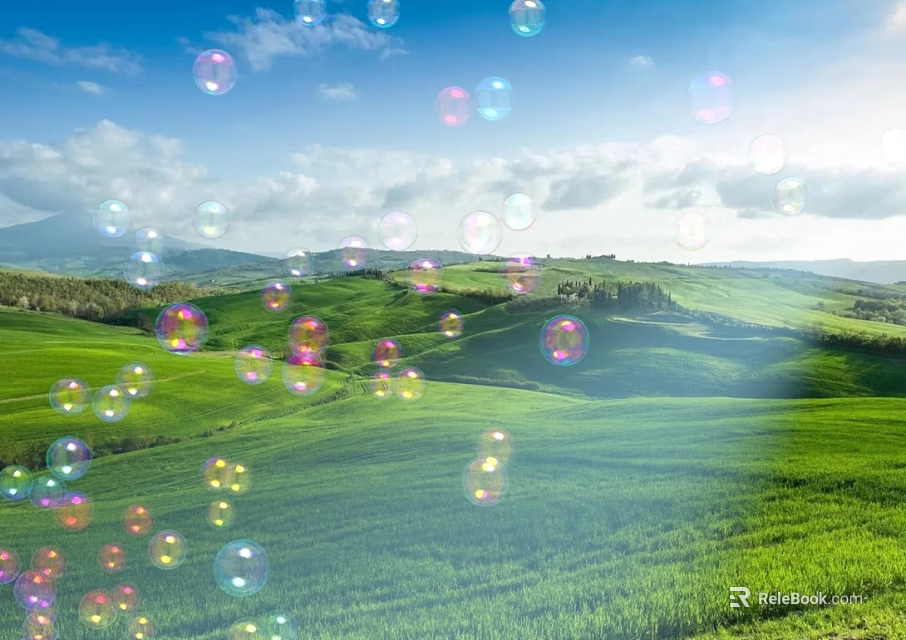 Scenic Green Field Landscape With Colorful Bubbles Blue Sky And White Clouds 3d model 