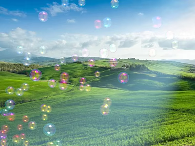 Scenic Green Field Landscape With Colorful Bubbles Blue Sky And White Clouds 3d model