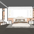 Elegant Bedroom Interior With Upholstered Headboard Decorative Wall Paneling And Wall Sconces