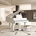 White Piano And Framed Painting In Modern Interior With Wooden Bookshelf Stool And Circular Rug