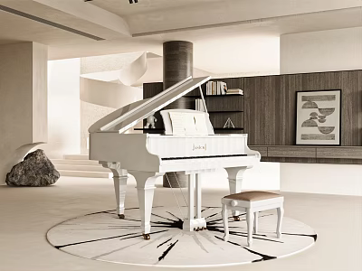 White Piano And Framed Painting In Modern Interior With Wooden Bookshelf Stool And Circular Rug 3d model