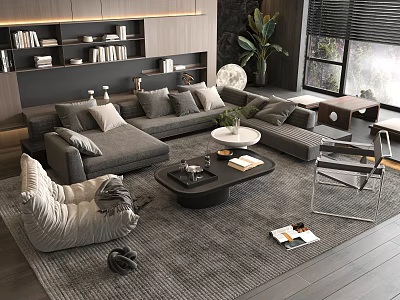 Modern Grey Sofa and Black Coffee Table Set with Area Rug Bookshelf and Plants 3d model