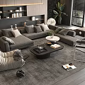 Modern Grey Sofa and Black Coffee Table Set with Area Rug Bookshelf and Plants