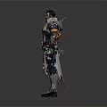 Futuristic Sci Fi Bearded Male Character In Metallic Armor With Long Coat And Weapon