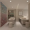 SPA Sauna Room With Colorful Circular Pattern Wall Double Vanity Sinks And Skincare Products