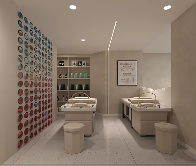 SPA Sauna Room With Colorful Circular Pattern Wall Double Vanity Sinks And Skincare Products 3d model
