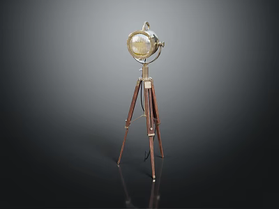 Vintage Brass And Wooden Tripod Floor Lamp With Stand And Round Glass Shade 3d model
