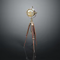 Vintage Brass And Wooden Tripod Floor Lamp With Stand And Round Glass Shade