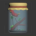 Transparent Glass Jar With Yellow Lid Red Edge Wooden Branch Green Leaves And Sand Decoration