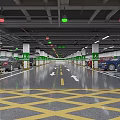 Modern Parking Lot with Parked Cars Floor Markings Arrows And Green White Columns