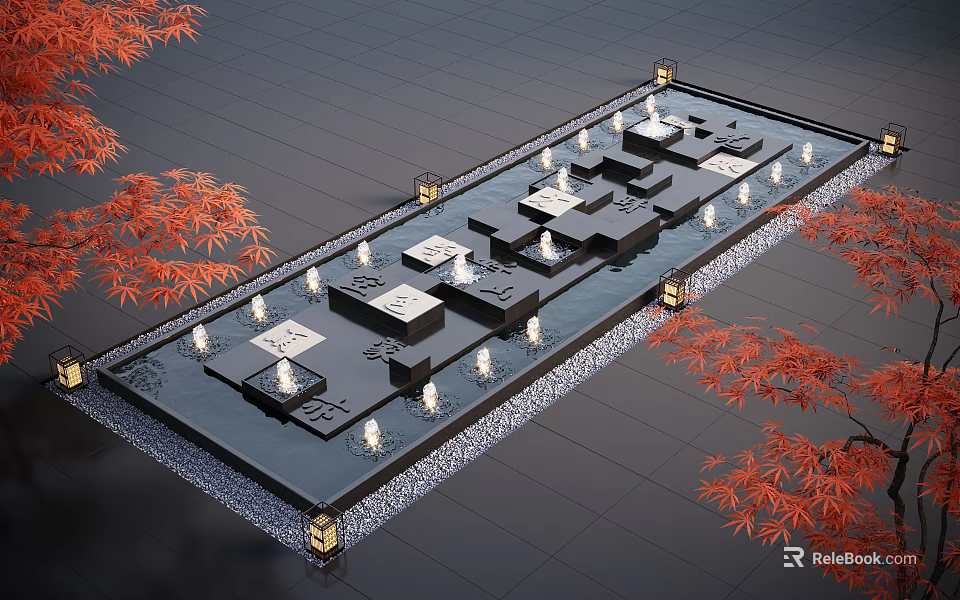 Water Fountain Landscape With Square Platforms Small Fountains Surrounding Lights And Red Maple Trees 3d model 