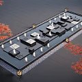 Water Fountain Landscape With Square Platforms Small Fountains Surrounding Lights And Red Maple Trees