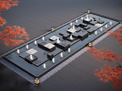 Water Fountain Landscape With Square Platforms Small Fountains Surrounding Lights And Red Maple Trees 3d model