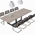 Modern Rectangular Dining Table Set With Metal Mesh Back Chairs Potted Plant And Pendant Lights 3d model