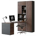 Modern Office Desk With Computer Monitor Desk Lamp Keyboard Mouse And Bookshelf Cabinet