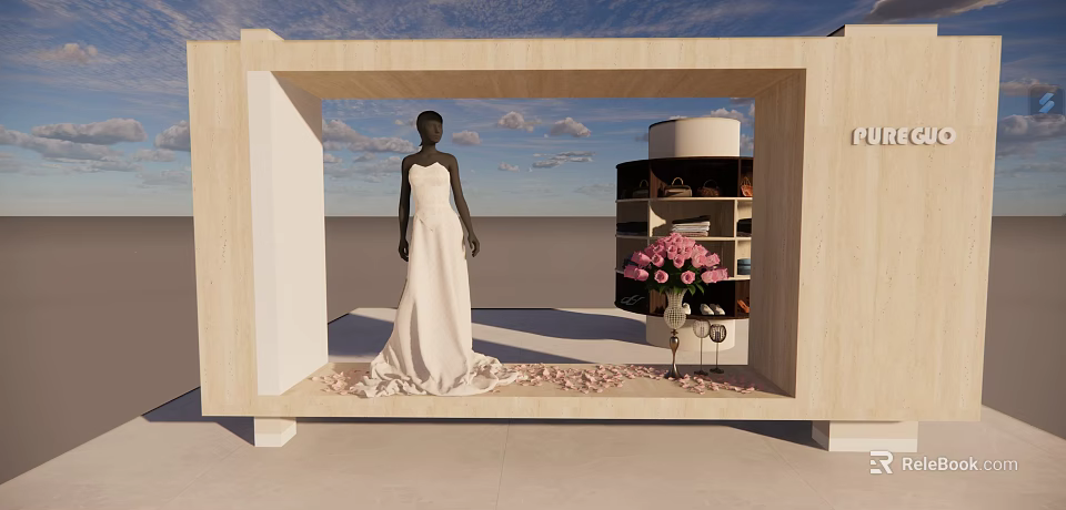 Clothing Store Mannequin In White Wedding Dress With Pink Flowers And Display Shelves Open Area 3d model 