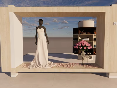 Clothing Store Mannequin In White Wedding Dress With Pink Flowers And Display Shelves Open Area 3d model
