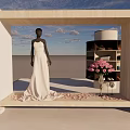 Clothing Store Mannequin In White Wedding Dress With Pink Flowers And Display Shelves Open Area