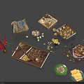 Assorted Food Items With Mixed Nuts Red Chilies Crackers Spices And Beans On Wooden Trays