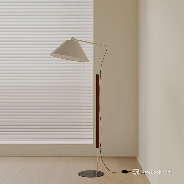 Minimalist Floor Lamp With Light Shade And Wooden Metal Pole Beside Window Blinds Light Wall 3d model 