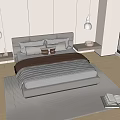 Modern Double Bed with Striped Bedding Nightstands and Wooden Floor Accents