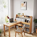 Wooden Home Study Desk With Laptop Table Lamp Bookshelf Potted Plants And Comfortable Chair