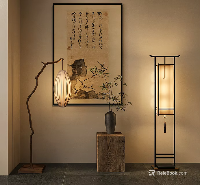 Traditional Chinese Style Floor Lamp With Calligraphy Painting And Bamboo Vase 3d model 