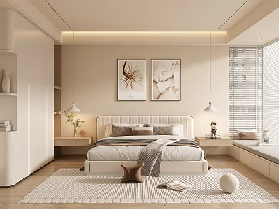 Modern Minimalist Bedroom Interior With Upholstered Bed Wall Art And Area Rug 3d model