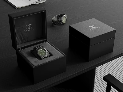 Chanel Luxury Watch In Open Black Box With Brand Packaging On Dark Table 3d model