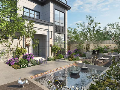 Modern Courtyard Garden With Water Fountain Purple Flowers Green Plants And Outdoor Seating 3d model