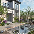 Modern Courtyard Garden With Water Fountain Purple Flowers Green Plants And Outdoor Seating