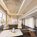 Elegant Modern Hotel Lobby With Gold Textured Ceiling Chandeliers Reception Area And Marble Floor