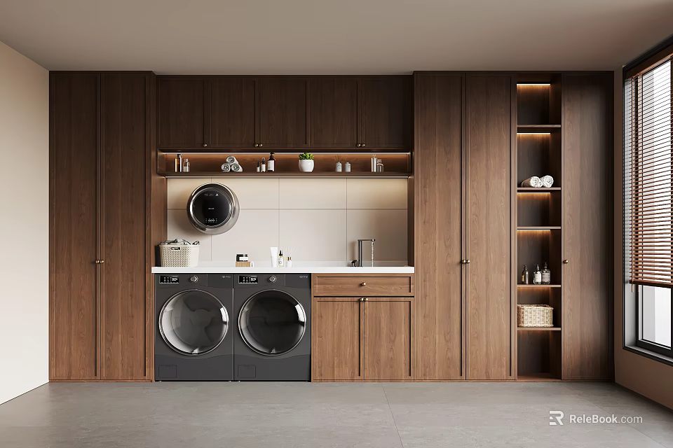 Two Black Washing Machines in Modern Laundry Room With Wooden Cabinets and White Tile Wall 3d model 