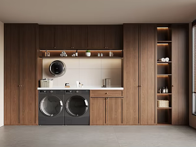 Two Black Washing Machines in Modern Laundry Room With Wooden Cabinets and White Tile Wall 3d model