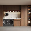 Two Black Washing Machines in Modern Laundry Room With Wooden Cabinets and White Tile Wall