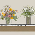 Colorful And White Flowers Arranged In Glass Vases On Marble Top Wooden Cabinet