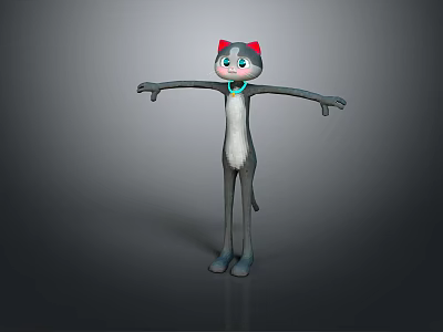 3D Cat Character Gray Body White Belly Red Ears Blue Collar Standing With Arms Outstretched 3d model