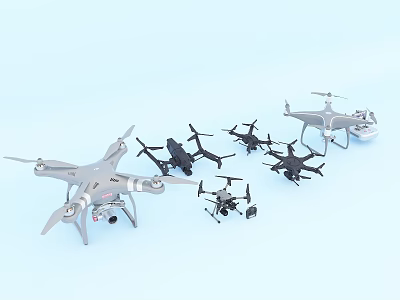 Various Drones Displayed with Different Designs and Camera Attachments 3d model