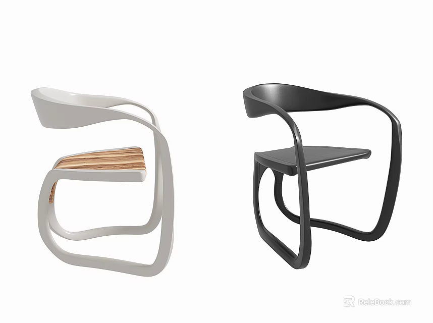 Modern Single Chairs With Curved Frame White And Black Wooden Seat Design 3d model 