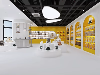Mall Toy Store With Yellow Walls White Display Shelves Round Platforms And Stuffed Toys 3d model