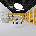 Mall Toy Store With Yellow Walls White Display Shelves Round Platforms And Stuffed Toys