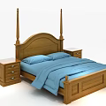 Wooden Double Bed with Blue Bedding and Wooden Nightstands with Drawers