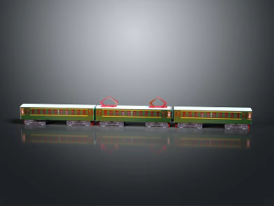 Green Model Train With Red Roof Details And Multiple Carriages On Shiny Display Surface 3d model