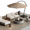 Outdoor Sofa with Arched Umbrella and Fire Pit in Modern Patio Setup