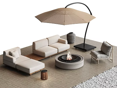 Outdoor Sofa with Arched Umbrella and Fire Pit in Modern Patio Setup 3d model