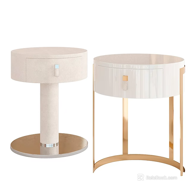 Modern Bedside Tables With Cream And White Finish Single Drawer Golden Handles And Circular Base 3d model 
