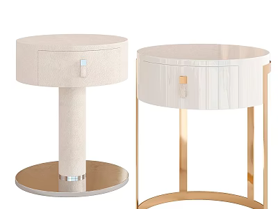 Modern Bedside Tables With Cream And White Finish Single Drawer Golden Handles And Circular Base 3d model